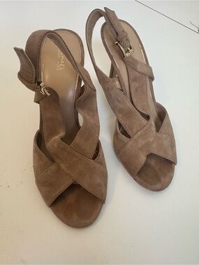 MICHAEL Michael Kors Taupe Suede Cross-Strap Slingback Heels